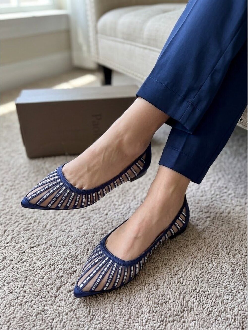 Paolo Navy Blue Pointed Toe Flats with Sheer and Beaded Detail Size 10